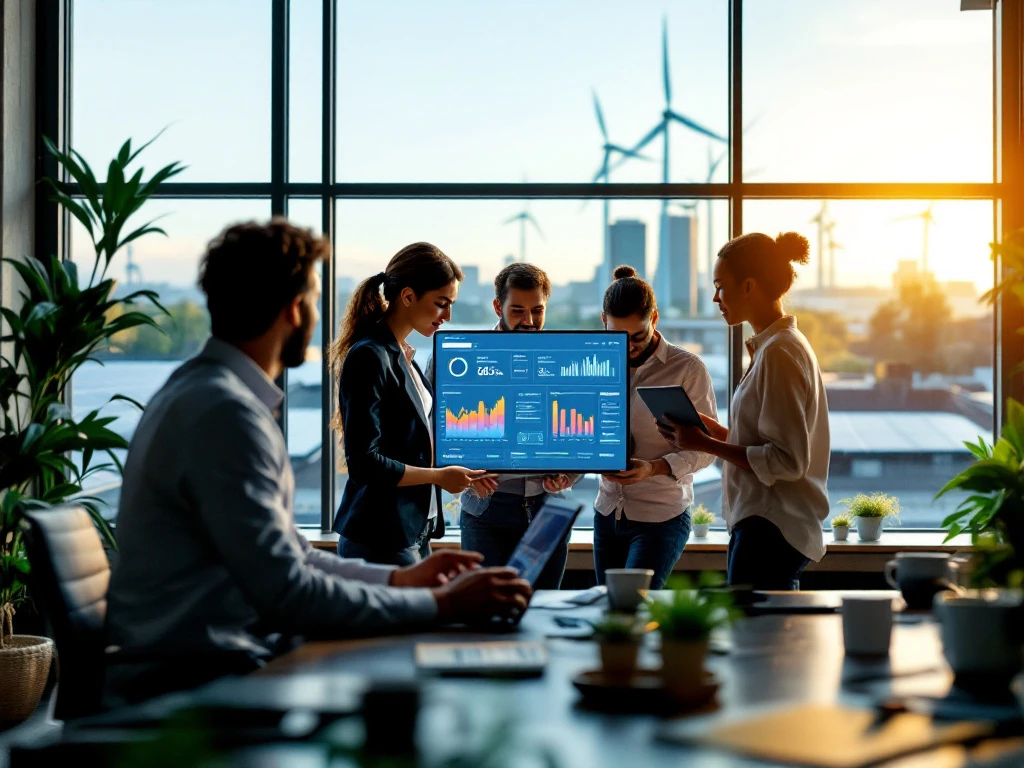 Een team van professionals bespreekt een modern energiebeheer dashboard met windturbines zichtbaar op de achtergrond tijdens een zonsondergang in de kantoren van Energy Check.