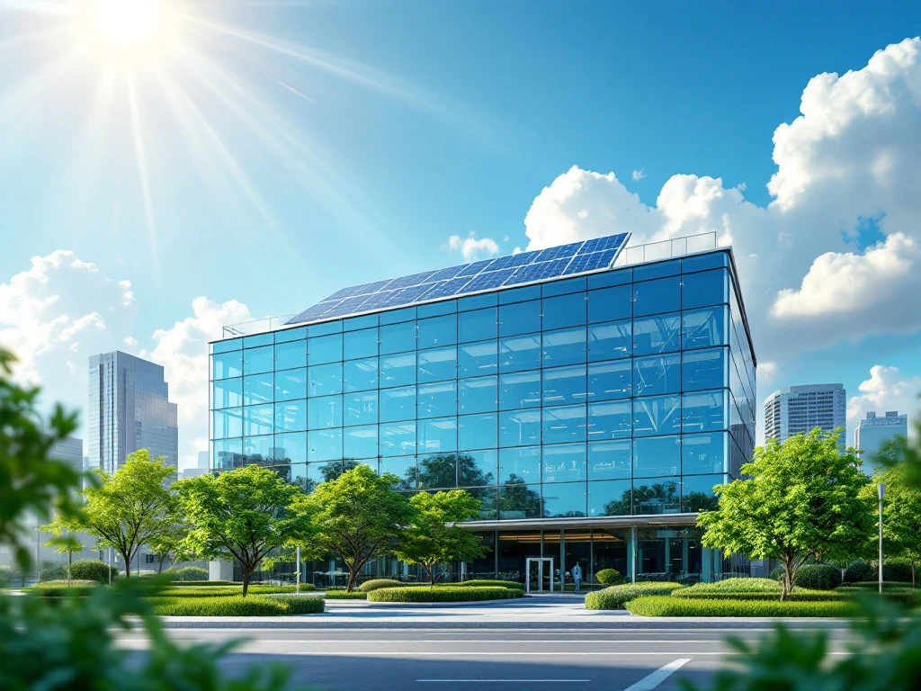 Een modern glazen gebouw met zonnepanelen op het dak, omringd door groen in een stadsomgeving, verlicht door fel zonlicht, gerepresenteerd door Energy Check.
