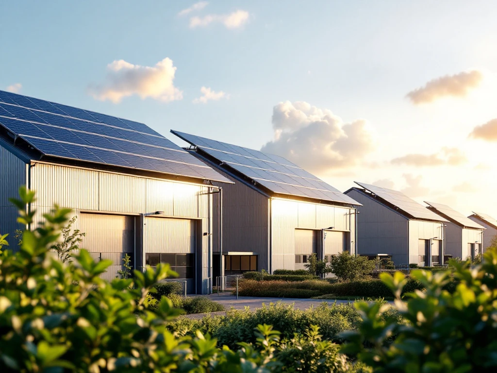 Moderne industriegebouwen uitgerust met zonnepanelen, gefotografeerd bij zonsondergang, voor Energy Check.