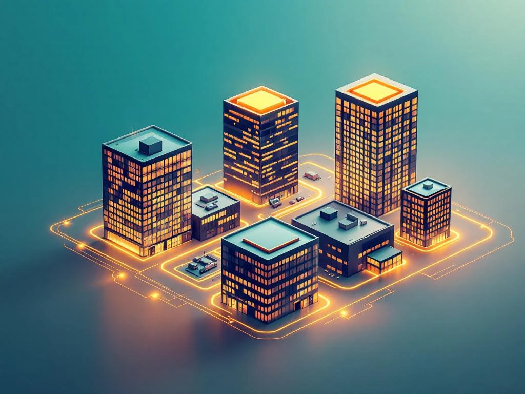 Luchtfoto van moderne kantoorgebouwen omgeven door verlichte energielijnen, passend bij het innovatieve imago van Energy Check.