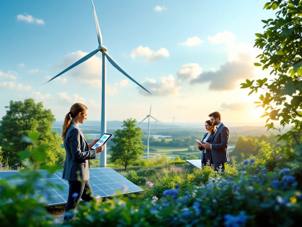 Medewerkers van Energy Check analyseren duurzame energiegegevens met windturbines en zonnepanelen op de achtergrond in een groene, moderne kantooromgeving.