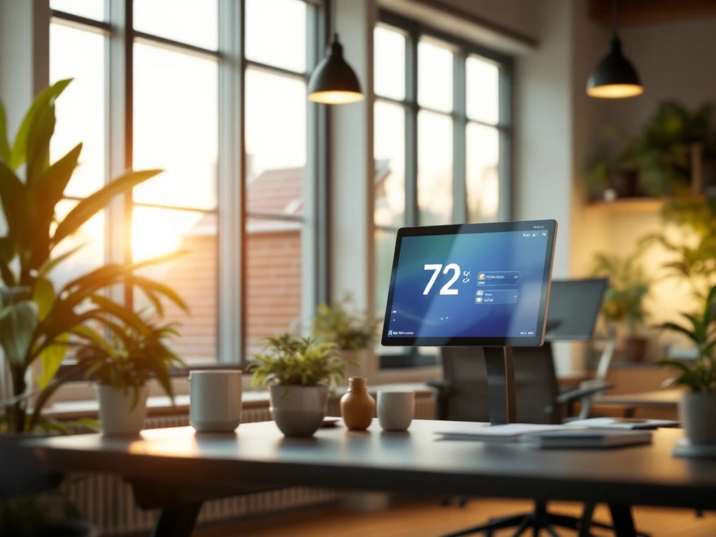 Moderne kantoorruimte van Energy Check met duurzaam interieur en een digitaal display dat temperatuur en energiebesparing weergeeft.