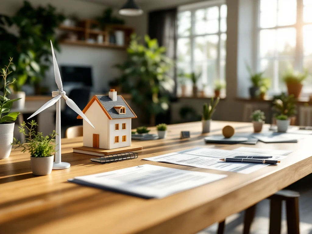 Een moderne, lichte kantoorruimte van Energy Check met een maquette van een huis, een miniatuur windmolen en groene planten op een houten tafel.