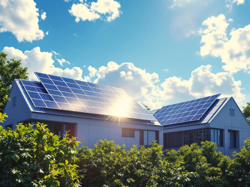 Moderne bedrijfsdaken voorzien van zonnepanelen onder een zonnige blauwe hemel, gepresenteerd door Energy Check.