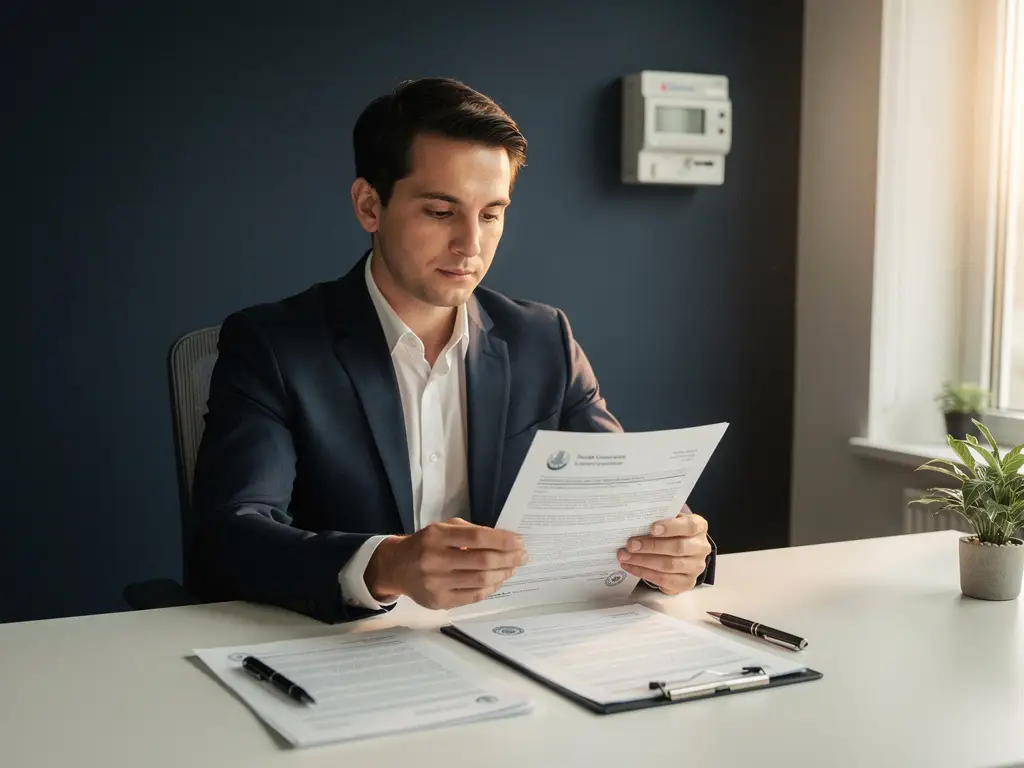 Professional in pak bestudeert overheidsdocument over energiecompliance aan modern bureau met energiemeter op achtergrond.
