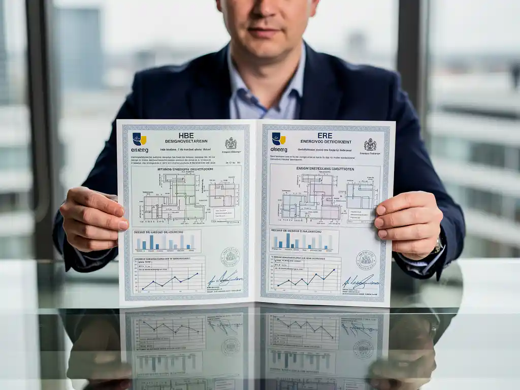 Een persoon houdt twee energiecertificaten vast met HBE en ERE, met het logo van Energy Check zichtbaar.