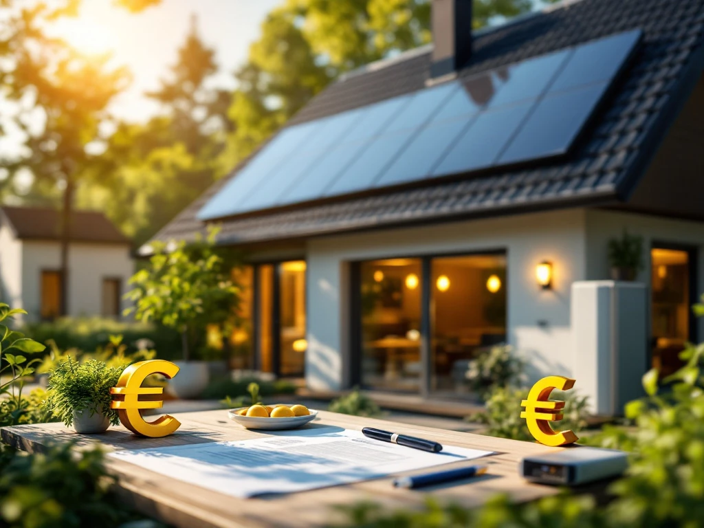 Een huis met zonnepanelen en een zonovergoten tuin, met eurotekens naast papieren, ter illustratie van Nederlandse subsidies voor energiebesparing.