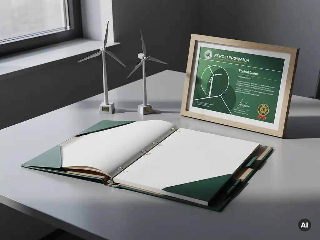 Open registratiedossier op kantoorbureau met miniatuur windturbine en groen energiecertificaat in natuurlijk licht.