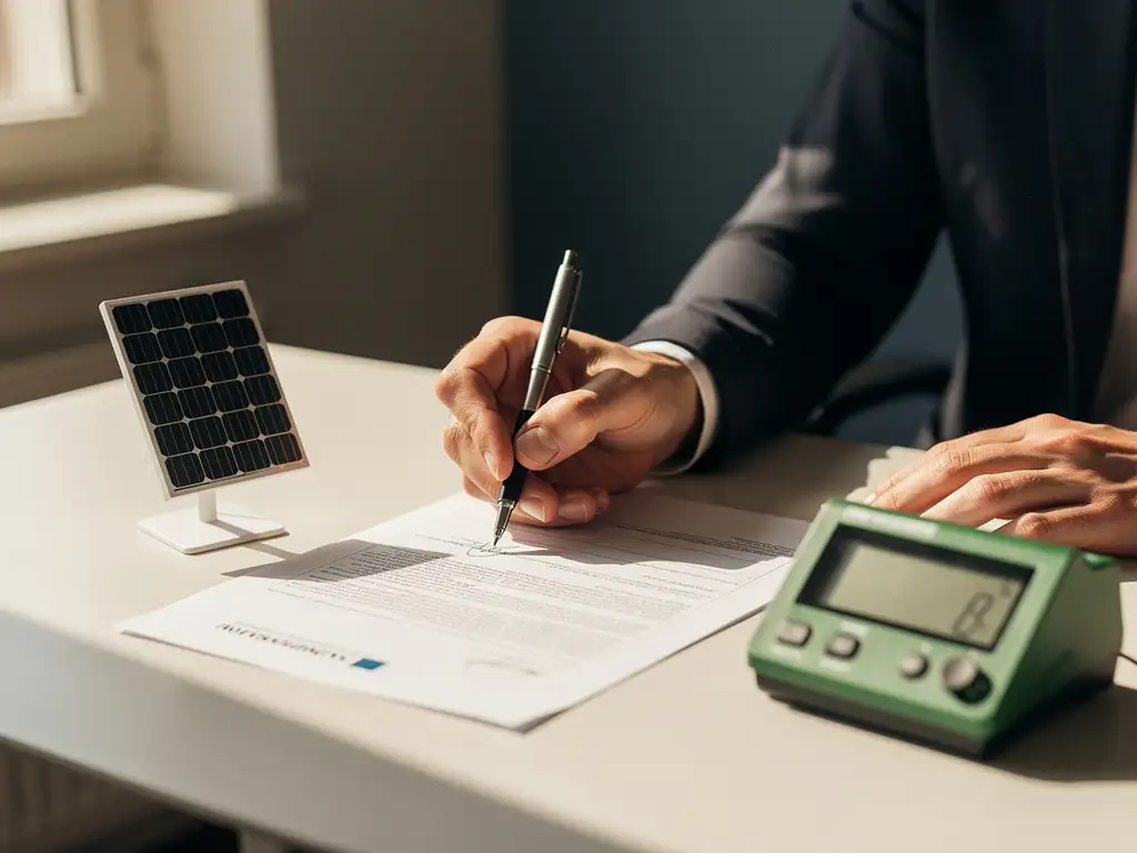 Hand die een registratiedocument ondertekent op kantoor, met een zonnepaneelmodel en groene energiemeter op het bureau.