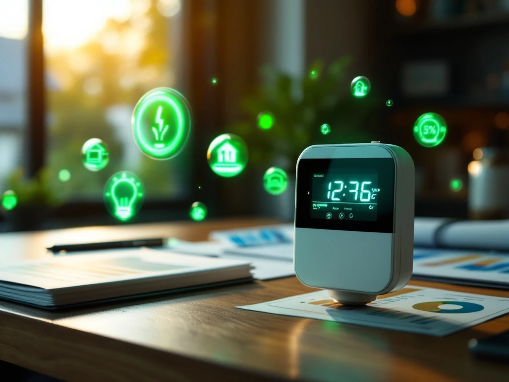 Een slimme energiemeter van Energy Check op een bureau omgeven door iconen die duurzame energie en besparing representeren.