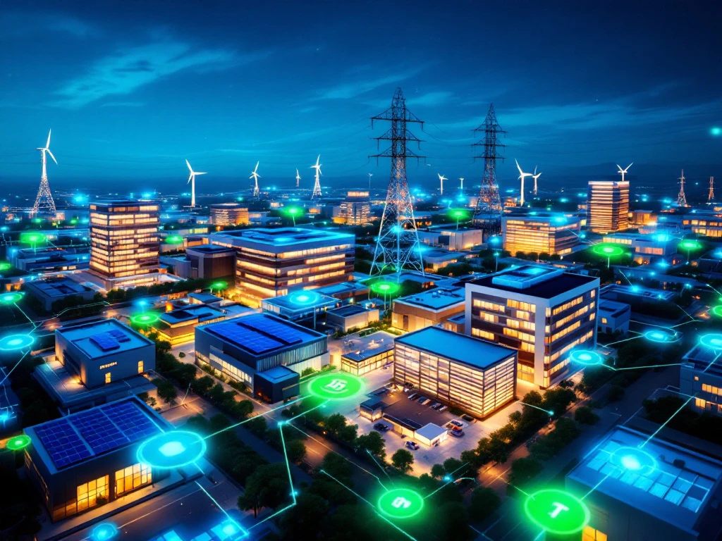 Luchtfoto van kantoorgebouwen verlicht door een slim energienetwerk met zonnepanelen en windmolens, gepresenteerd door Energy Check.