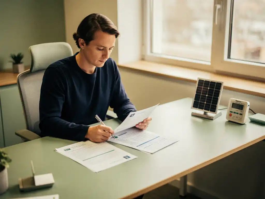 Energiemanager bestudeert subsidiedocumenten aan modern bureau met zonnepaneel model en energiemeter, warm daglicht.