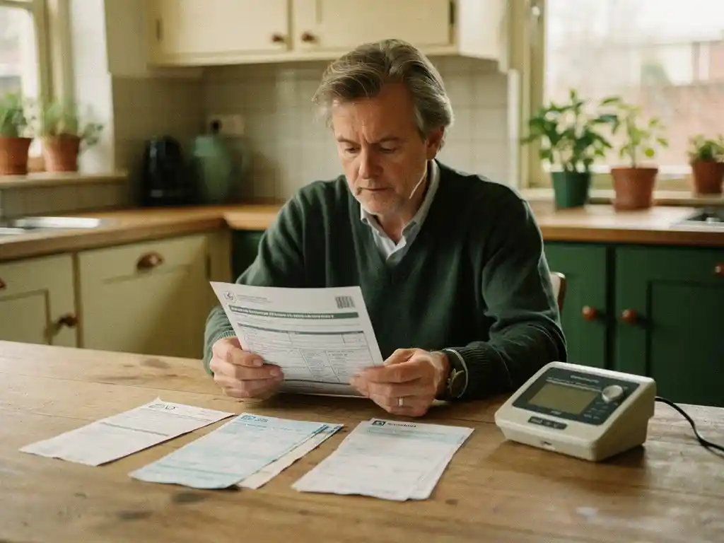 Nederlandse huiseigenaar bestudeert energiesubsidiedocument aan keukentafel met energiemeter en rekeningen in warm natuurlijk licht.