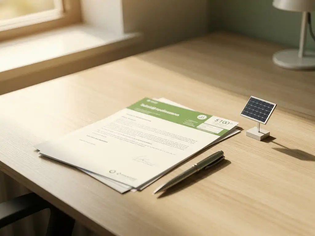 Bureau met subsidieaanvraagformulier, energierekening, pen en miniatuur zonnepaneel in warm ochtendlicht.