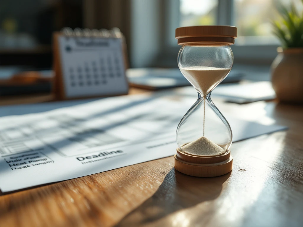 Een zandloper staat op een tafel naast een kalender en documenten die de naderende subsidiedeadline voor zonnepanelen en warmtepompen benadrukken, passend bij Energy Check.