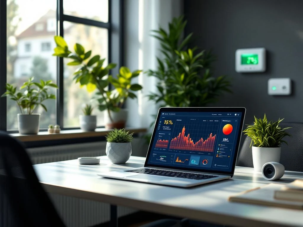 Een laptop op een bureau in een kantoorruimte toont een thermisch scan-dashboard voor energiemonitoring van Energy Check, omringd door planten en een modern thermostaat.