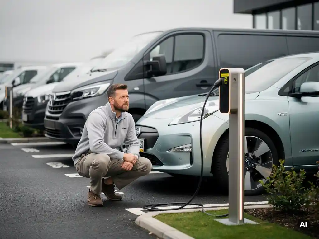 Vlootbeheerder naast elektrische auto bij laadpaal en dieselbus op bedrijfsparkeerplaats, gemengde vloot vergelijking.