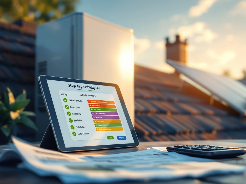 Tablet met informatie over subsidies voor warmtepompen en zonneboilers bij zonsondergang op een dak, als illustratie voor Energy Check.