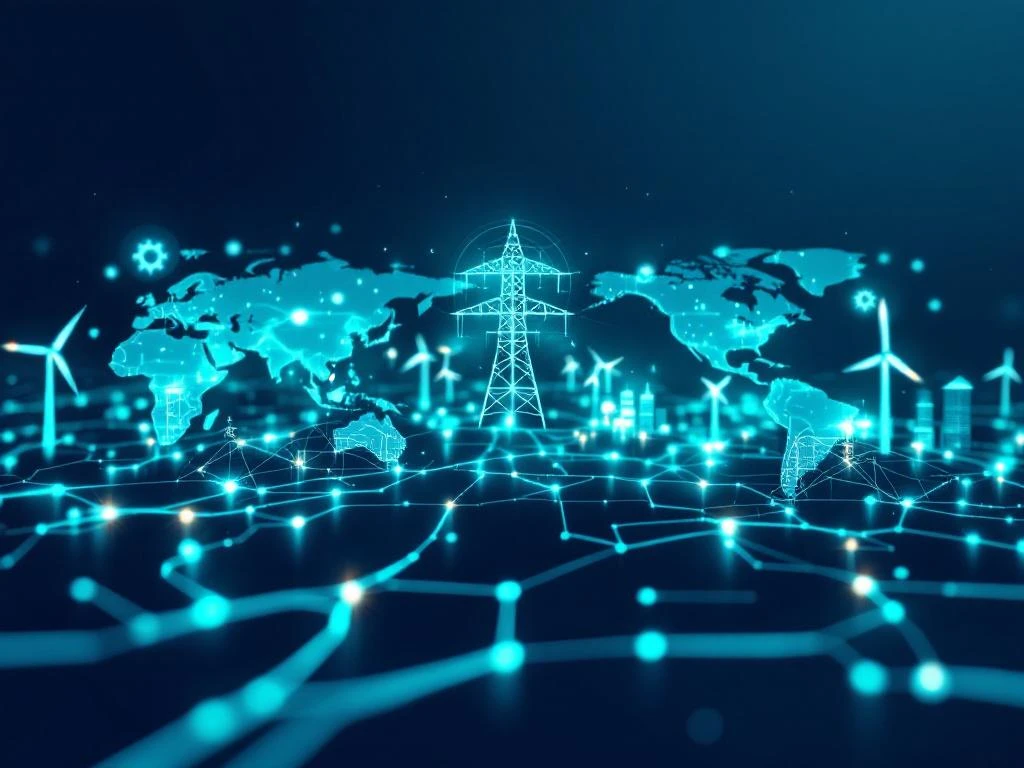 Digitale weergave van wereldwijde energienetwerken en transmissie-infrastructuur met windmolens en elektriciteitsmasten.