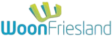 Logo van WoonFriesland met blauwe en groene elementen op een witte achtergrond.