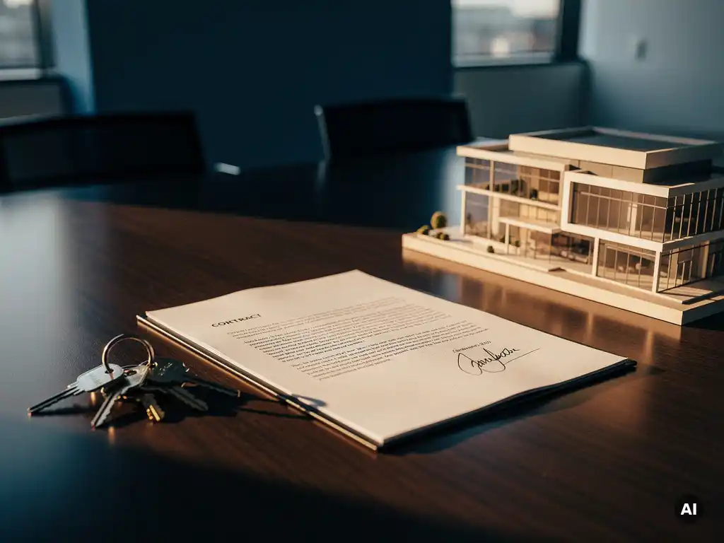 Ondertekend zakelijk contract op vergadertafel met sleutels en schaalmodel van commercieel gebouw in warm middaglicht.