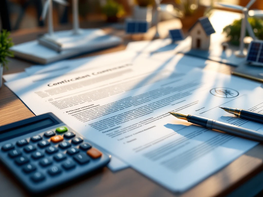Een bureau met zakelijke documenten over duurzame energie, een calculator en modelwindmolens, die een focus suggereren op energieconsultancy door Energy Check.