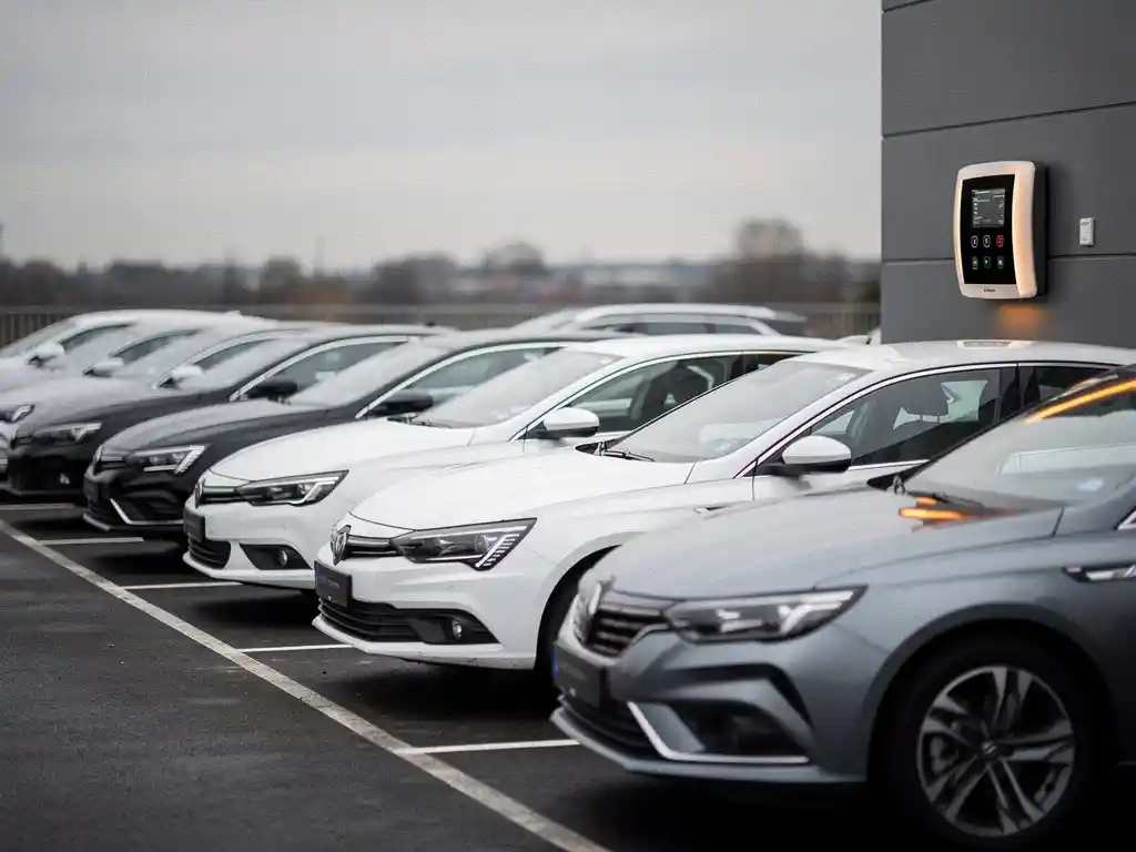 Moderne leaseauto's geparkeerd op een zakelijk terrein naast een privévoertuig, met een energiemeter aan de muur onder bewolkte lucht.