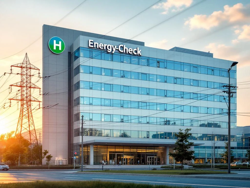 Modern ziekenhuis met Energy Check-logo, omgeven door elektriciteitsinfrastructuur en een hoogspanningsmast bij zonsondergang.