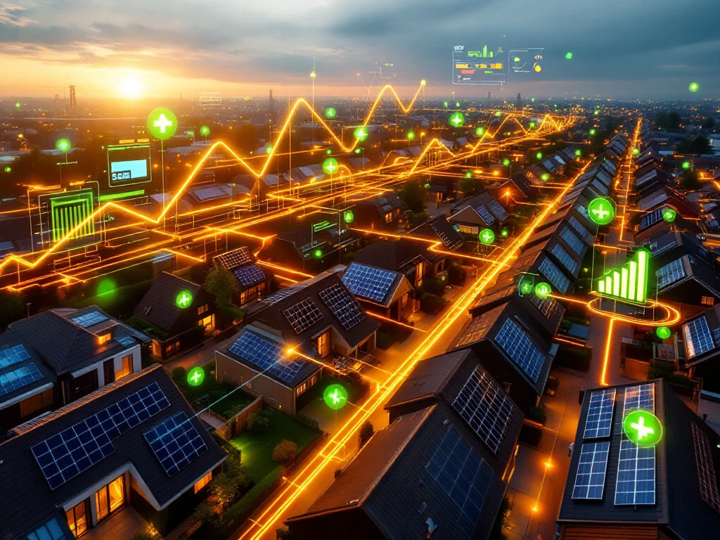 Luchtfoto van een Nederlandse woonwijk met zonnepanelen en digitale energiedashboard-elementen, gepresenteerd door Energy Check.