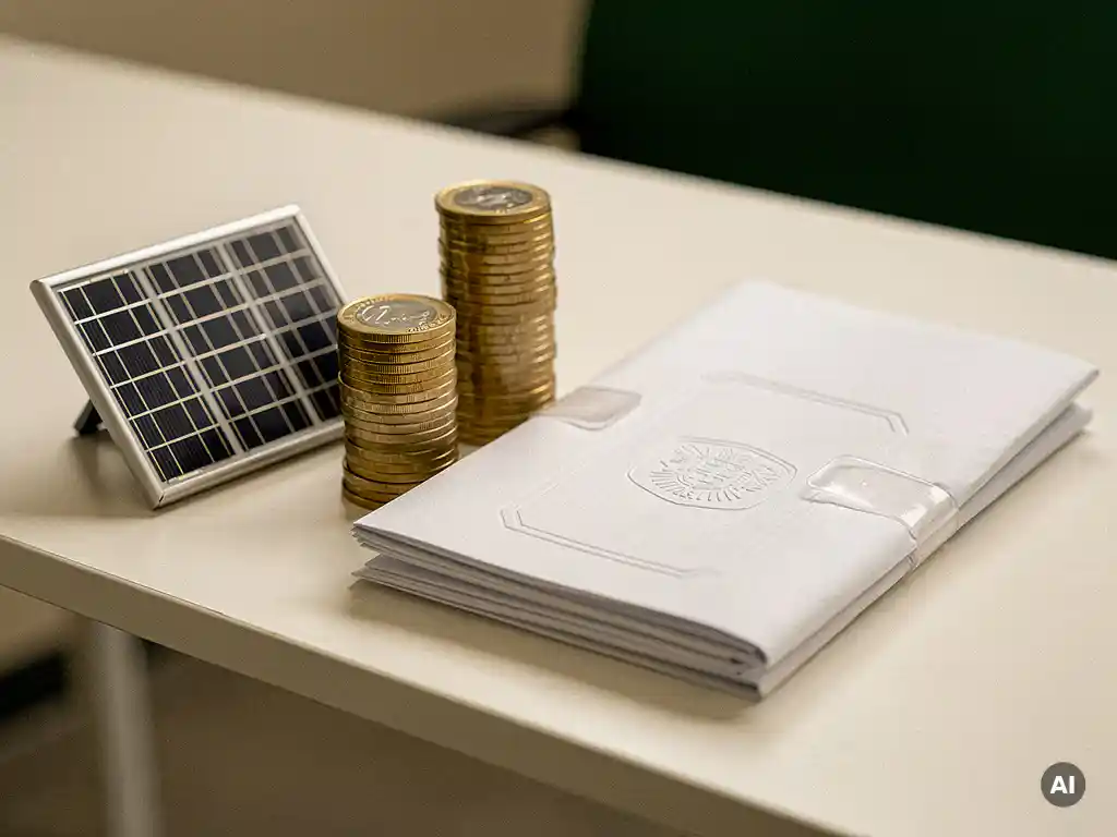 Gevouwen Nederlandse belastingaangifte op bureau naast miniatuur zonnepaneel en gestapelde euromunten in warm kantoorlicht.