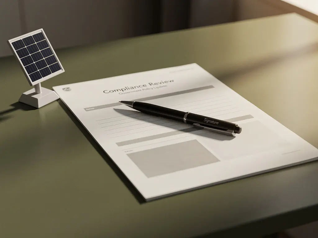 Nederlands compliance document voor zonne-energie op kantoorbureau, naast miniatuur zonnepaneel, pen op papieren in warm middaglicht.