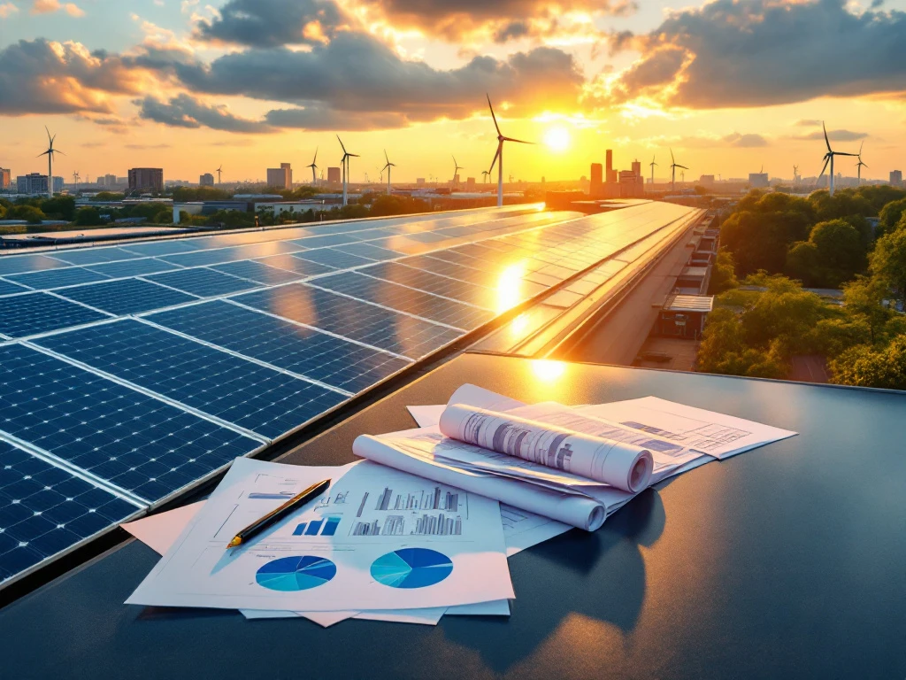 Luchtfoto van zonnepanelen op een bedrijfsdak bij zonsondergang, met documenten over SDE-subsidies op de voorgrond, uitgevoerd door Energy Check.