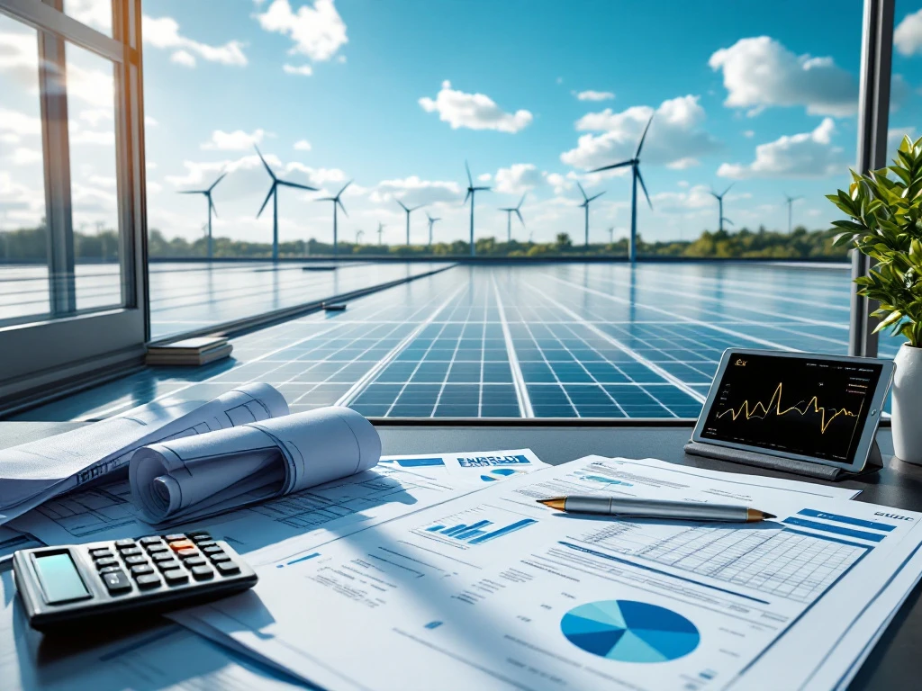 Zicht op een zonnedak met zonnepanelen en windturbines in Nederland, met op de voorgrond documenten van Energy Check, een rekenmachine en een tablet met duurzame energiegegevens.