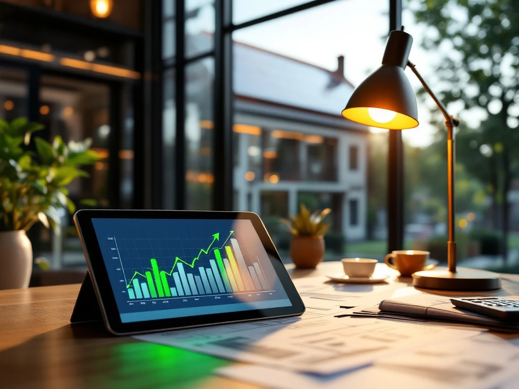 Een tablet met oplopende grafieken over energie-investeringen staat op een bureau met documenten en een lamp in een modern kantoor.