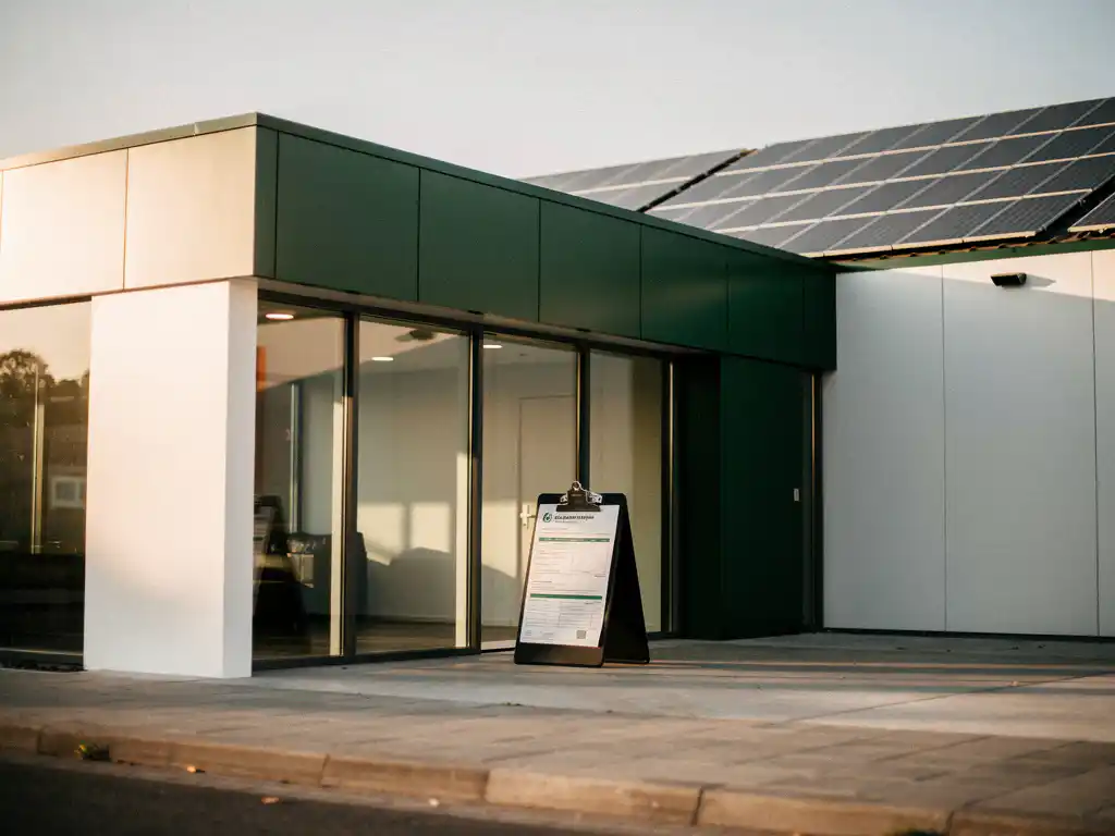 Nederlands commercieel gebouw met zonnepanelen op het dak en energiecompliance documenten op een klembord bij de glazen ingang.