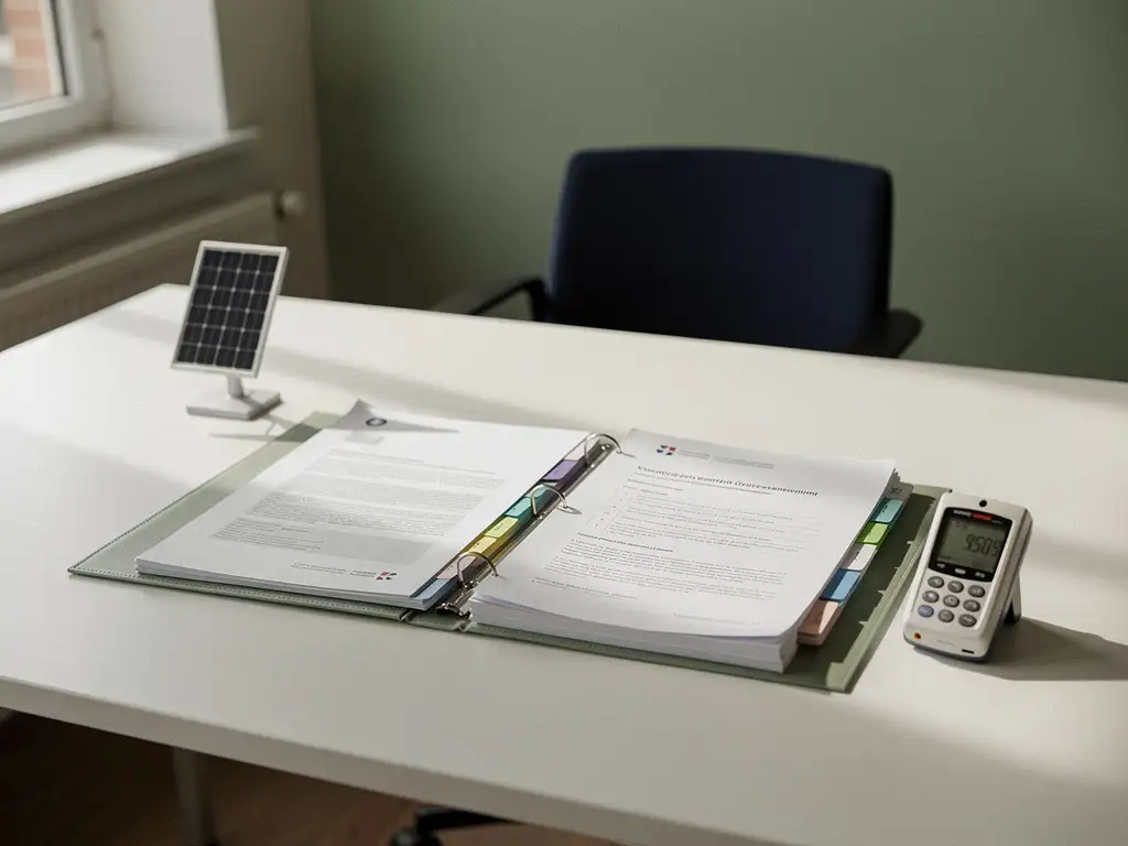 Open nalevingsdocument van de Nederlandse overheid op bureau, met zonnepaneelmodel en energiemeter, in warm kantoorlicht.