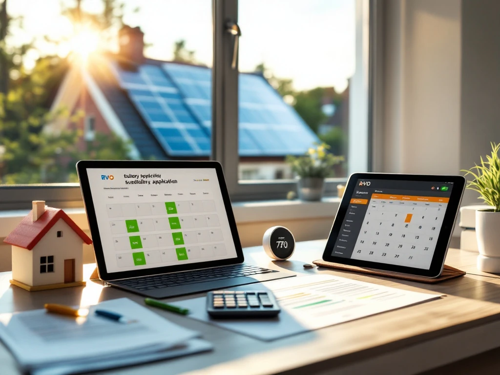 Werkplek met twee schermen die advies over zonnepanelen en energiesubsidie tonen, met een huisje als decoratie en zonnepanelen op het dak zichtbaar door het raam.