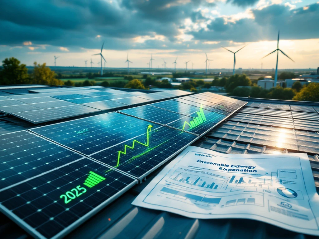 Zonnepanelen op een industrieel dak met grafieken over subsidie berekening voor 2025 en op de achtergrond windmolens onder een bewolkte lucht.