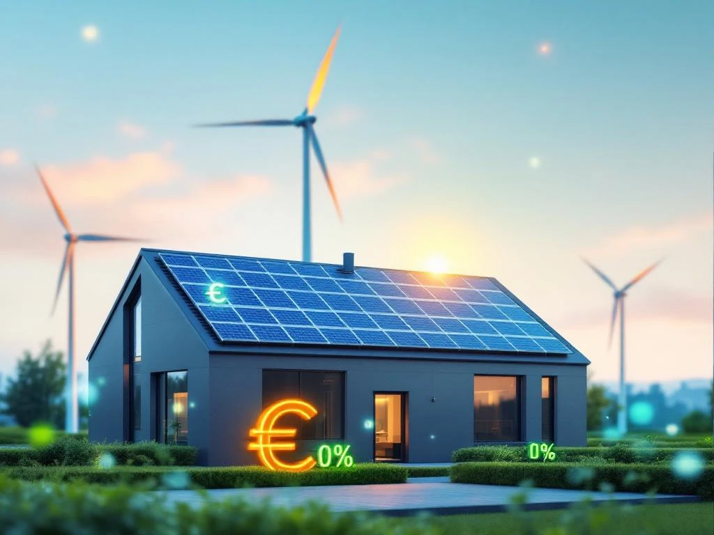 Een modern huis met zonnepanelen op het dak en een euroteken, omgeven door windmolens, symbool voor energiebesparing en subsidies.
