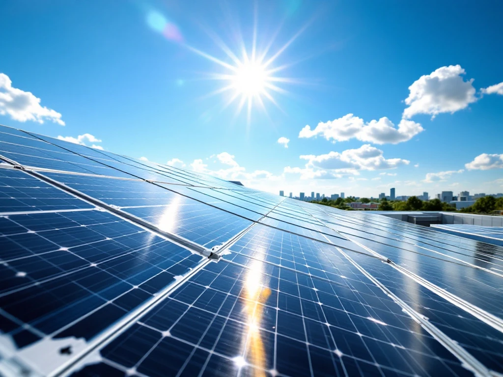 Zonnepanelen op een modern dak onder een heldere blauwe lucht, die duurzame energie opwekken voor Energy Check.