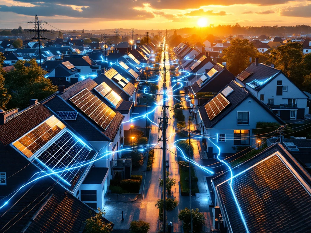 Een Nederlandse woonwijk met zonnepanelen op de daken, verbonden door een visueel netwerk van energie, tijdens zonsondergang.