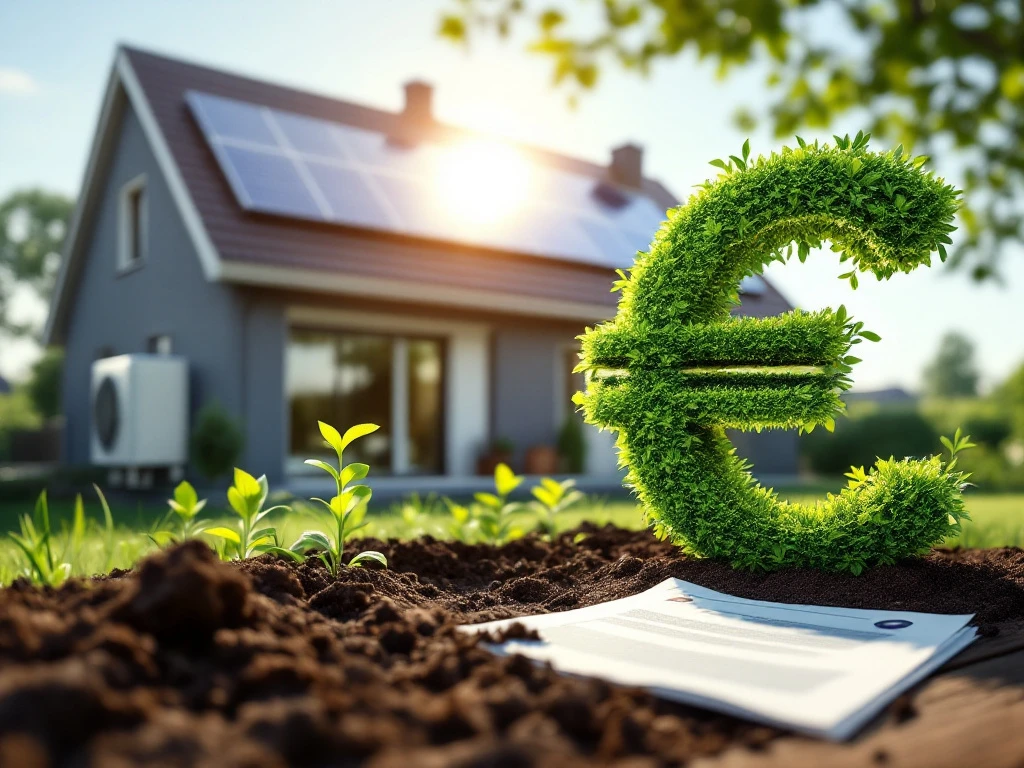 Een Nederlands huis met zonnepanelen en een warmtepomp op de achtergrond, naast een grasachtig euroteken en subsidiepapieren, symbool voor energiebesparende investeringen, getoond door Energy Check.