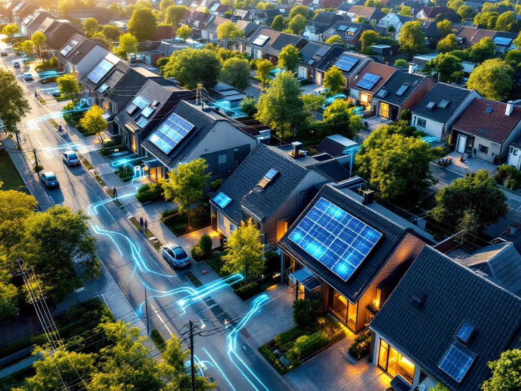 Luchtfoto van een woonwijk met huizen voorzien van zonnepanelen, met zichtbare energiestromen die collectieve energie-inkoop symboliseren, passend in het duurzame imago van Energy Check.
