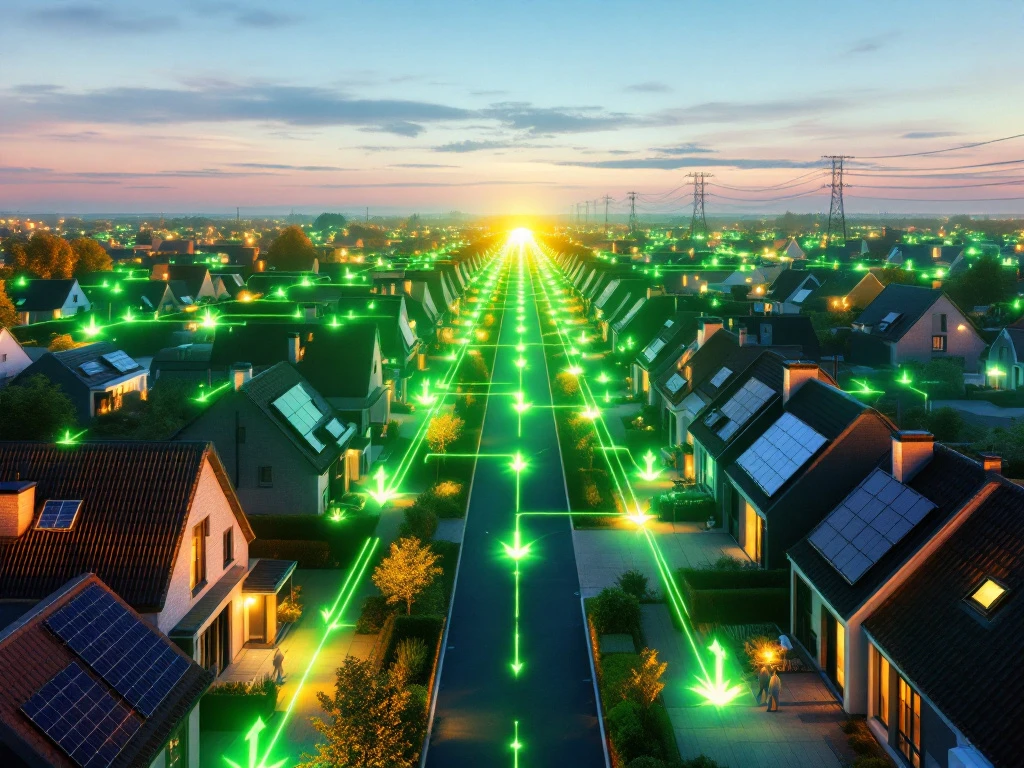 Luchtfoto van een wijk met zonnepanelen op daken, verlicht door een netwerk van groene energielijnen, als illustratie van een duurzaam energieconcept door Energy Check.