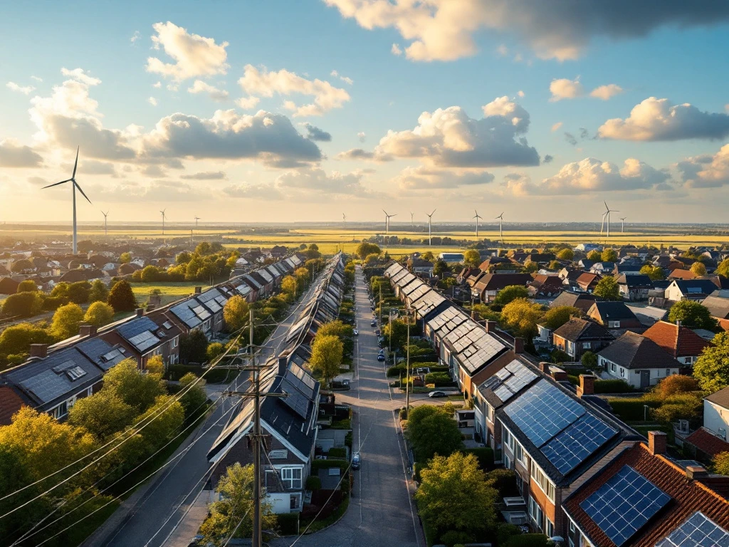 Luchtfoto van een duurzame wijk met zonnepanelen op de daken en windmolens op de achtergrond, gepresenteerd door Energy Check.