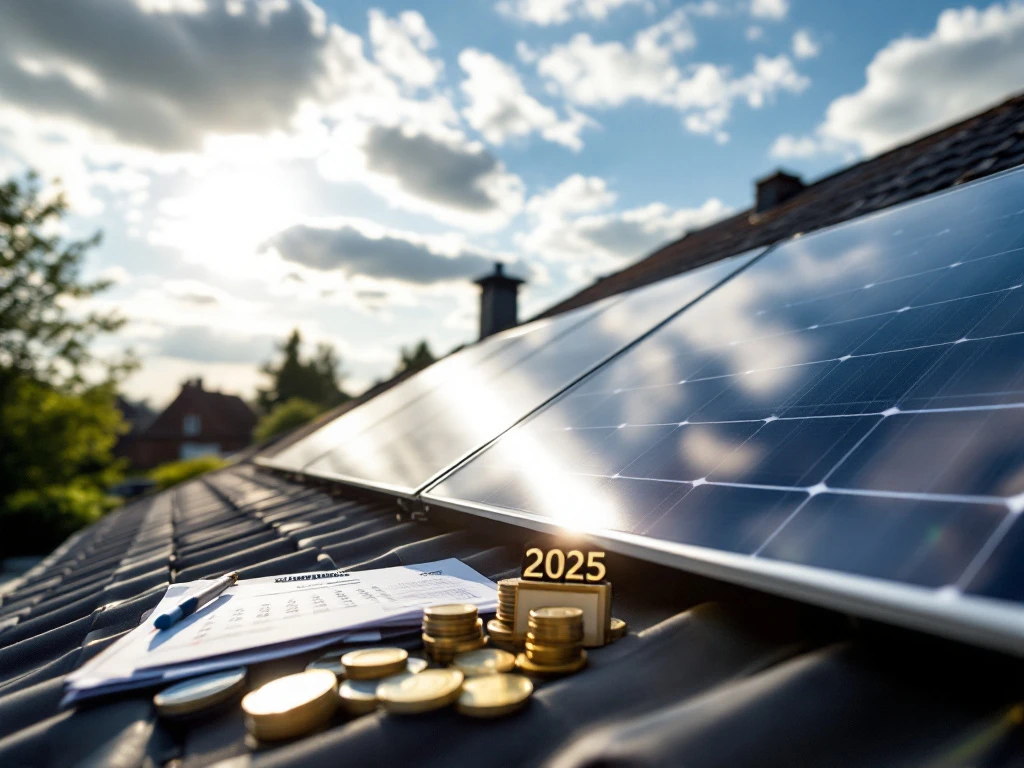 Zonnepanelen op een Nederlands woningdak met financiële documenten en munten die wijzen op besparingen in 2025.