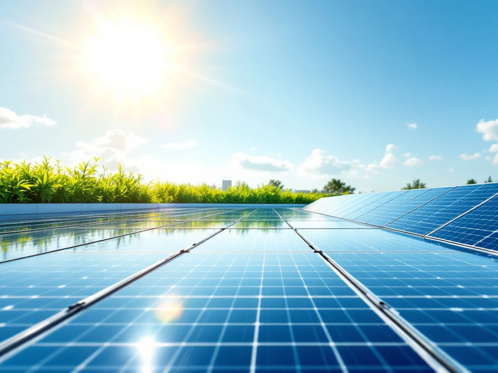 Zonnig bedrijfsdak met zonnepanelen omgeven door groen, symboliserend duurzaamheid en innovatieve energieoplossingen van Energy Check.