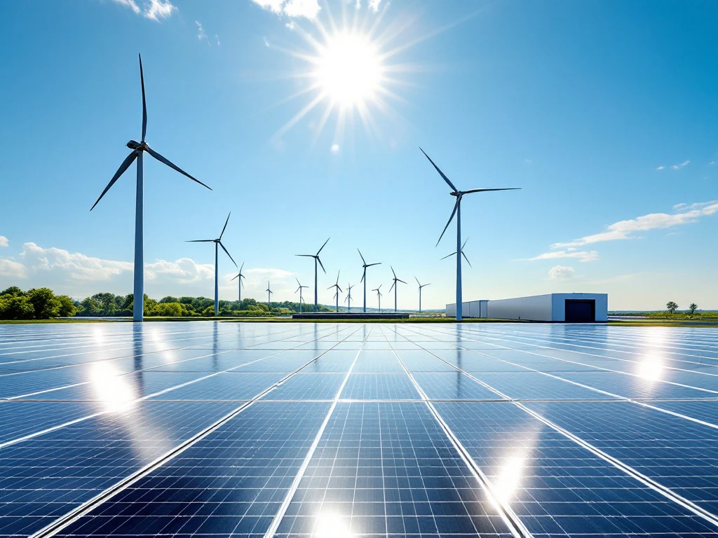Een zonnig energiepark met windturbines en zonnepanelen van Energy Check, met een heldere blauwe lucht erboven.